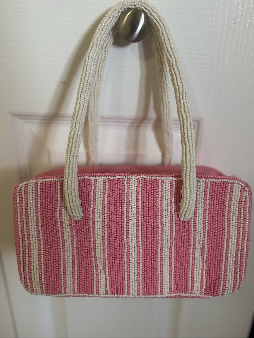 Striped Pink Beaded Hand Bag with Ivory Handles
